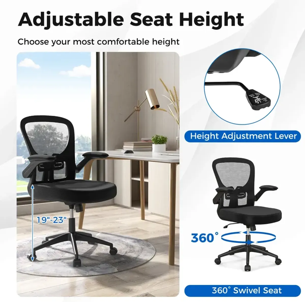 Adjustable Swivel Mesh Task Office Chair with Flip-Up Armrests-Black