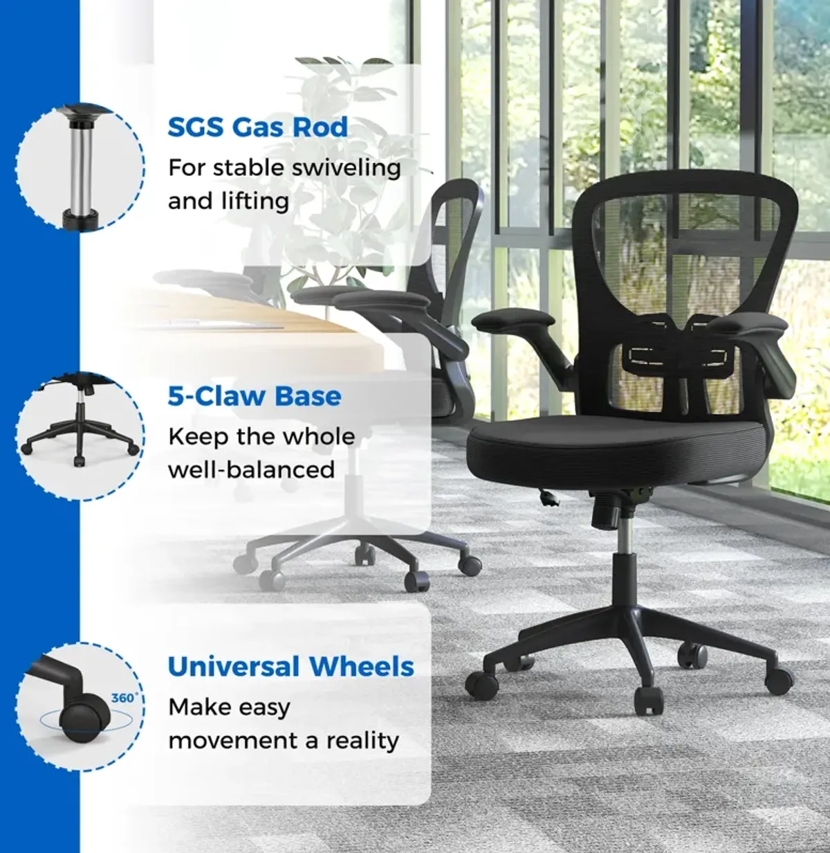 Adjustable Swivel Mesh Task Office Chair with Flip-Up Armrests-Black