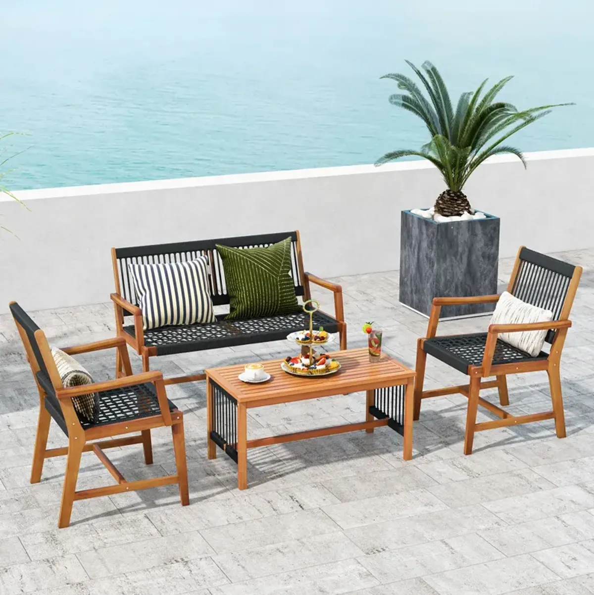 4 Pieces Acacia Wood Patio Conversation Table and Chair Set with Hand Woven Rope