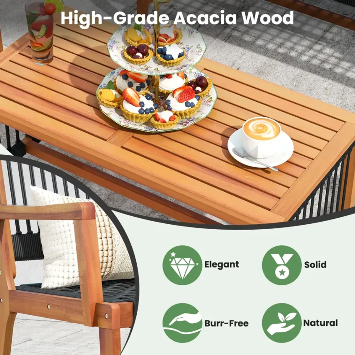 4 Pieces Acacia Wood Patio Conversation Table and Chair Set with Hand Woven Rope