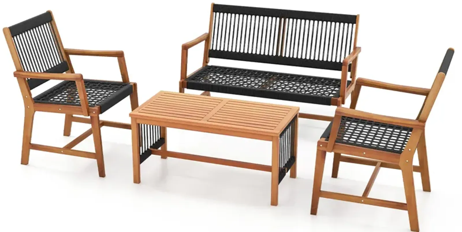 4 Pieces Acacia Wood Patio Conversation Table and Chair Set with Hand Woven Rope