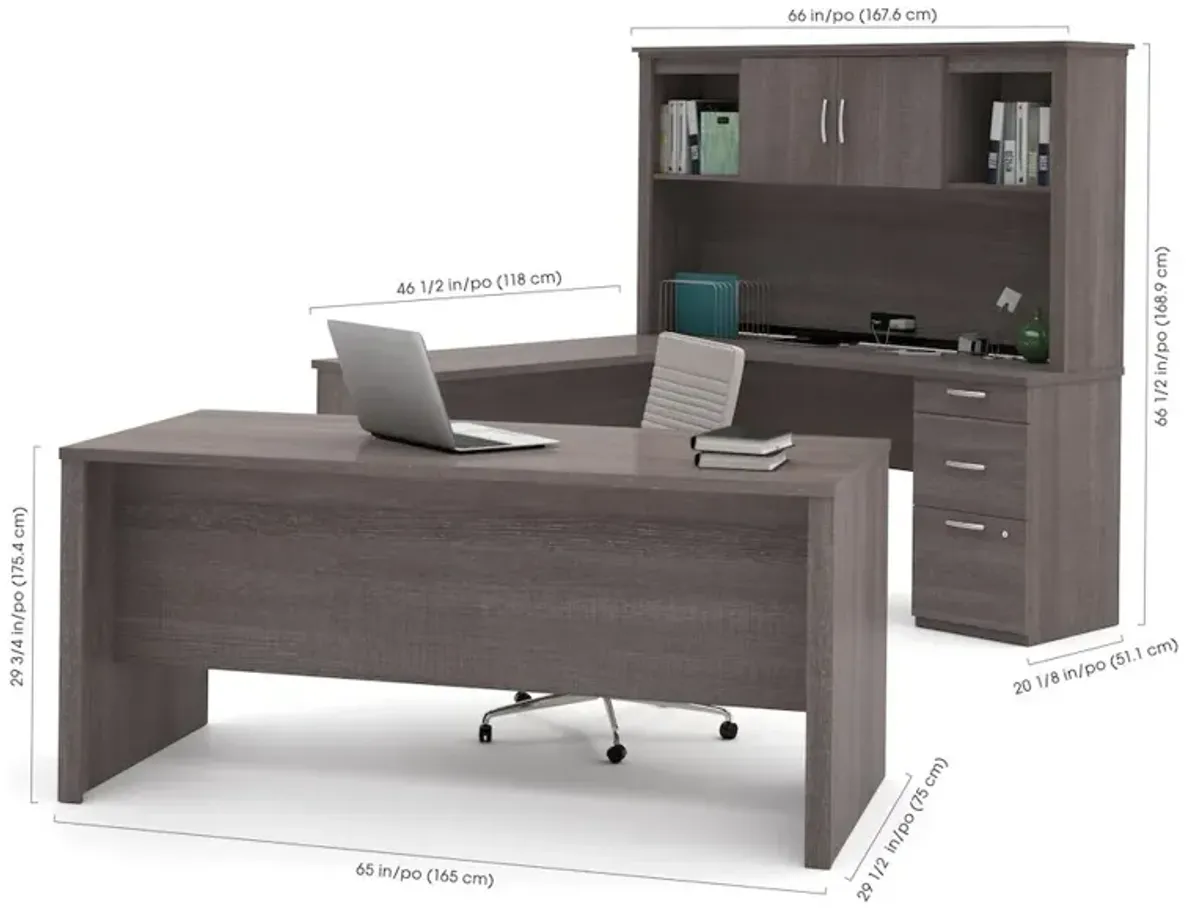 Bestar Logan 66W U or L-Shaped Executive Office Desk with Pedestal and Hutch in bark grey