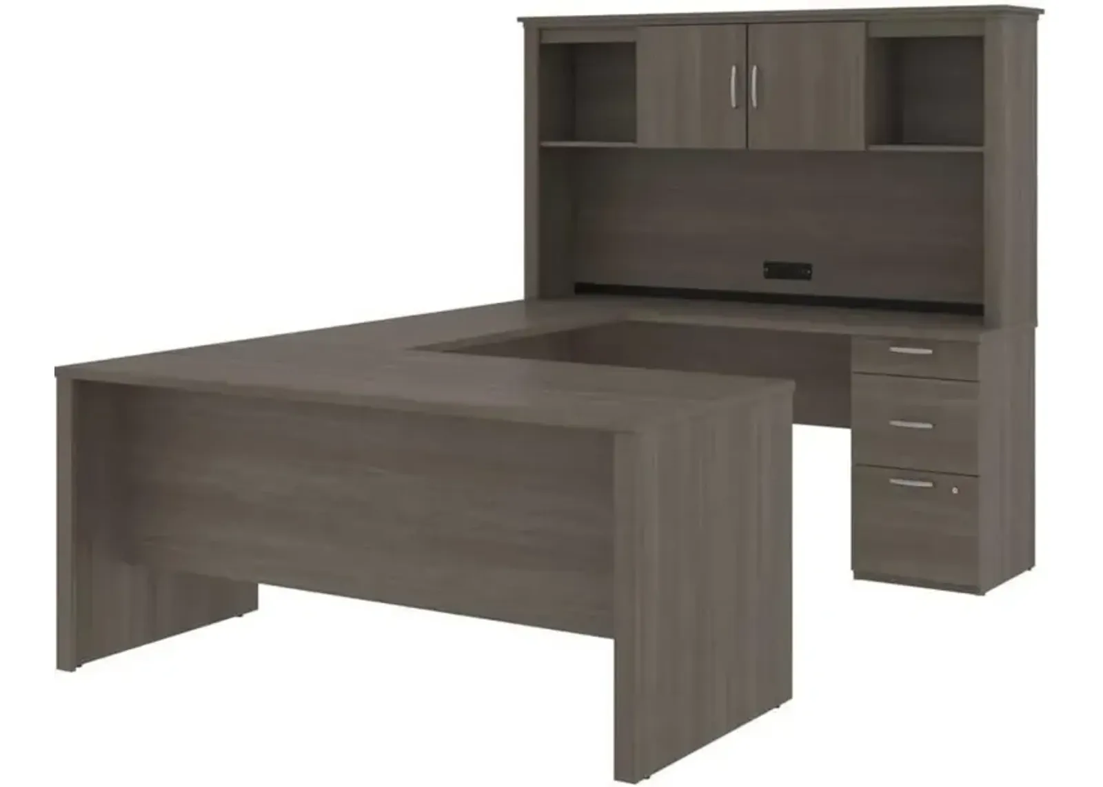 Bestar Logan 66W U or L-Shaped Executive Office Desk with Pedestal and Hutch in bark grey