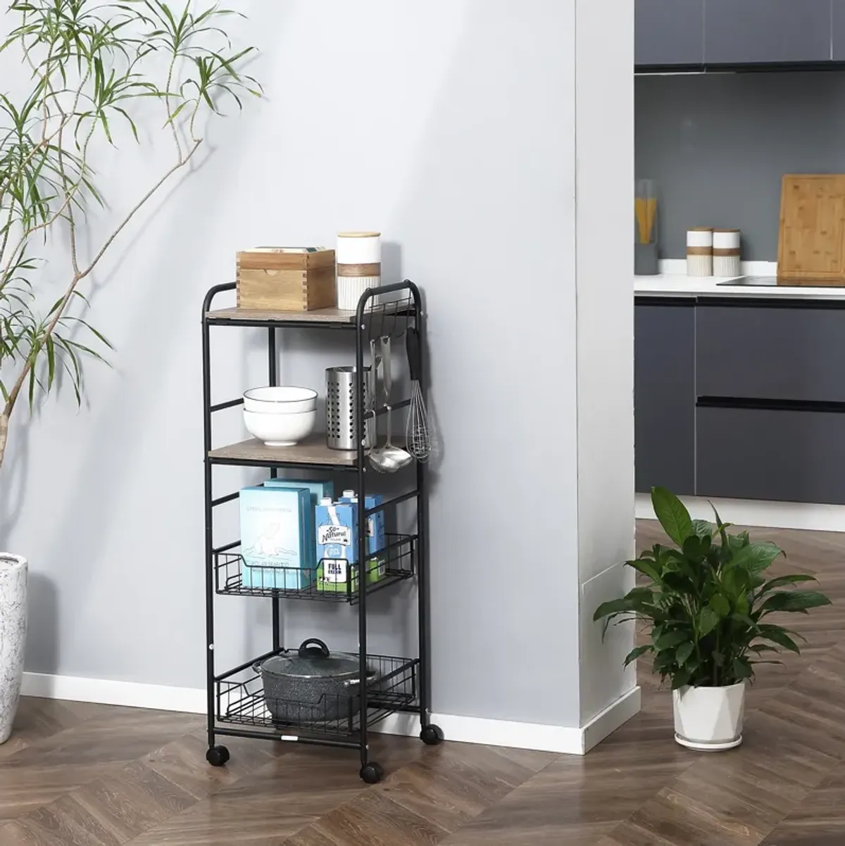 Oak Kitchen Organizer: 16" 4-Tier Utility Trolley with Drawers