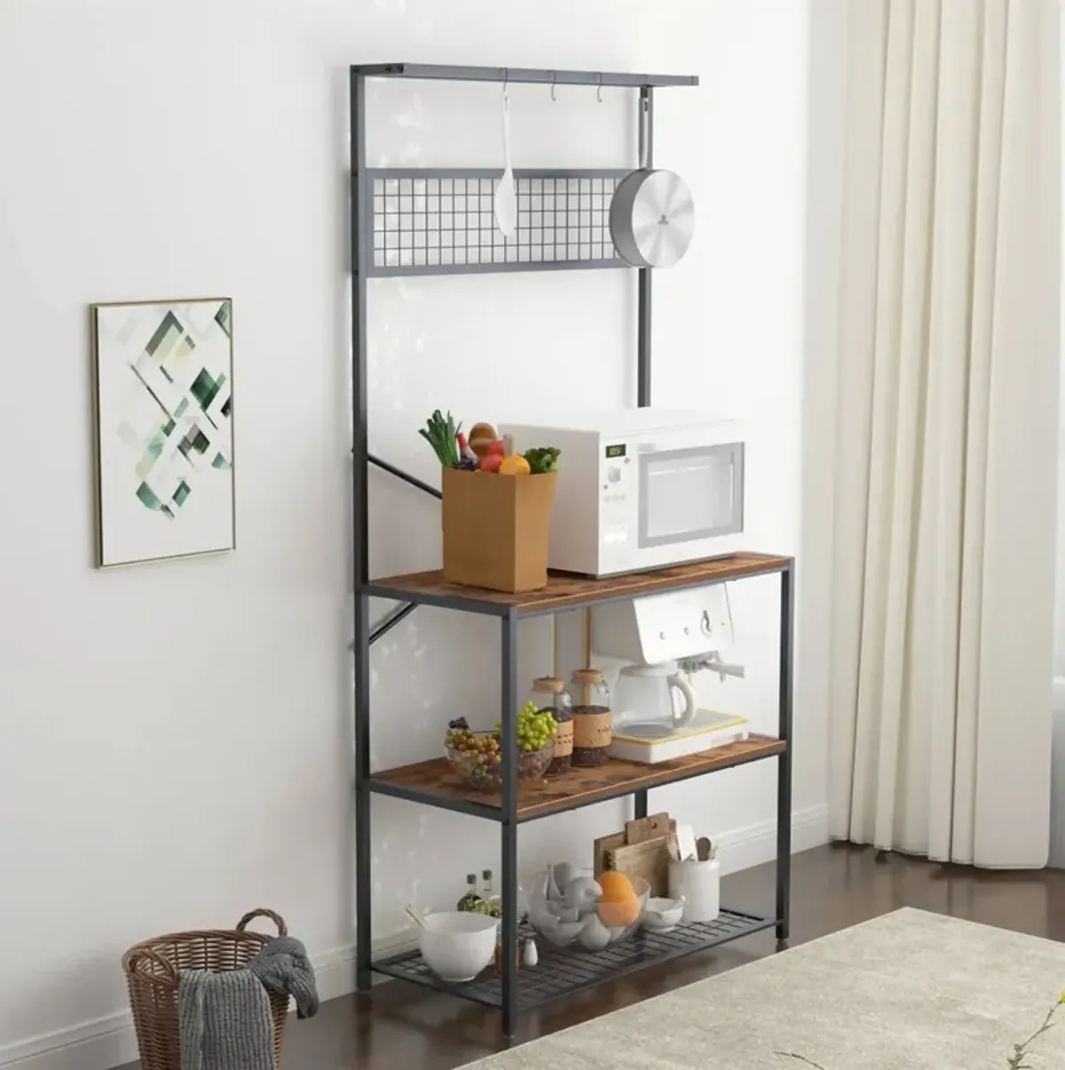 4-Shelf Metal & Wood Kitchen Bakers Rack – Versatile Microwave Stand
