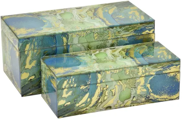 Jenny Decorative Box Set of 2, Abstract Marbled Yellow Green Glass - Benzara