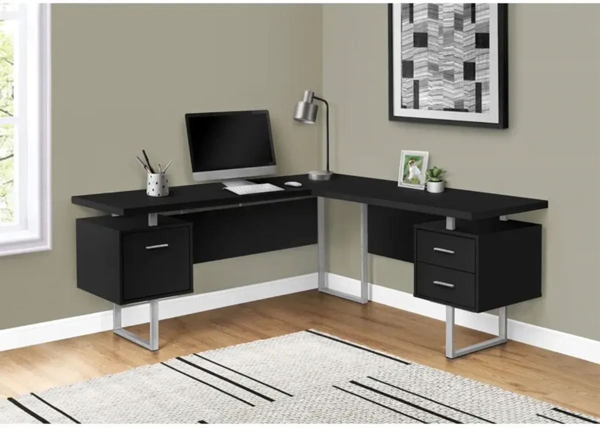 Computer Desk, Home Office, Corner, Left, Right Set-Up, Storage Drawers, 70"L, L Shape, Work, Laptop, Metal, Laminate, Black, Grey, Contemporary, Modern