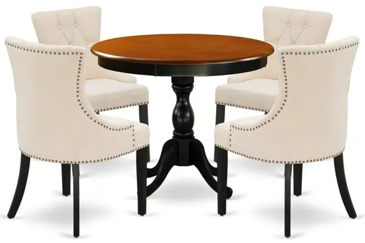 East West Furniture 5-Piece Round Dining Table Set Contains a Dining Room Table and 4 Light Beige Linen Fabric Dining Chairs with Button Tufted Back - Black Finish