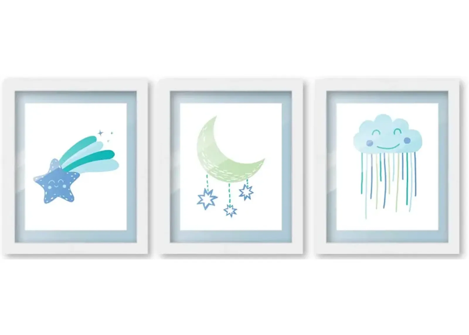 8x10 Framed Nursery Wall Art Set of 3 Boho Galaxy Prints in Blue with Baby Blue Mat in a 10x12 White Wood Frames