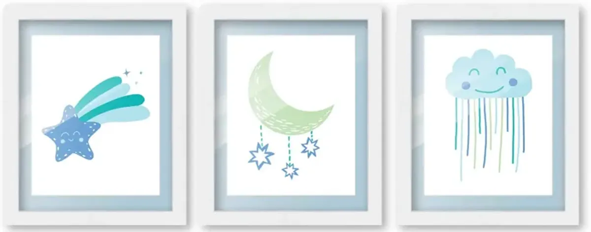 8x10 Framed Nursery Wall Art Set of 3 Boho Galaxy Prints in Blue with Baby Blue Mat in a 10x12 White Wood Frames