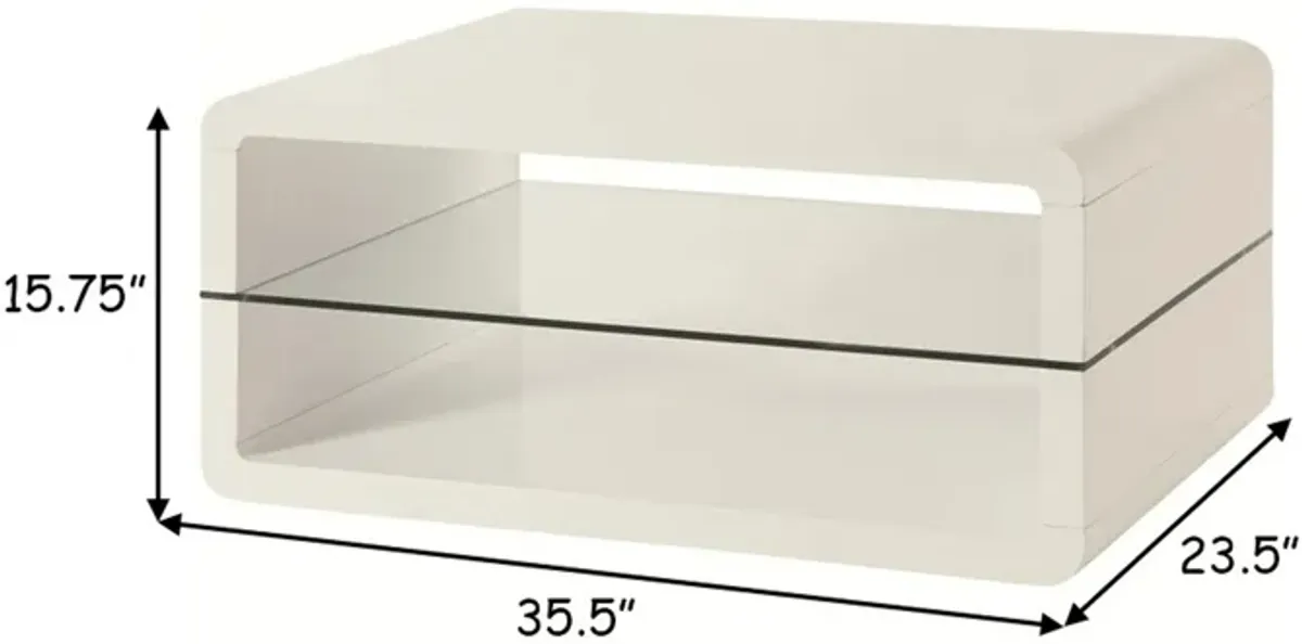 Modern Coffee Table With Rounded Corners & Clear Tempered Glass Shelf, White-Benzara