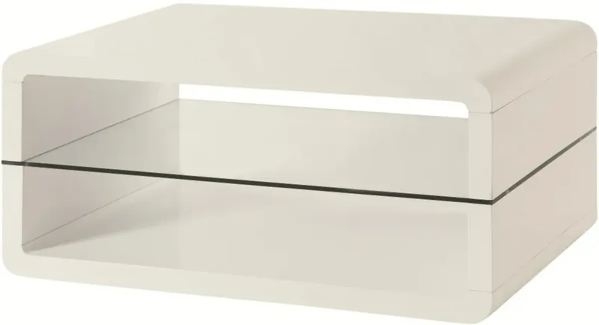 Modern Coffee Table With Rounded Corners & Clear Tempered Glass Shelf, White-Benzara