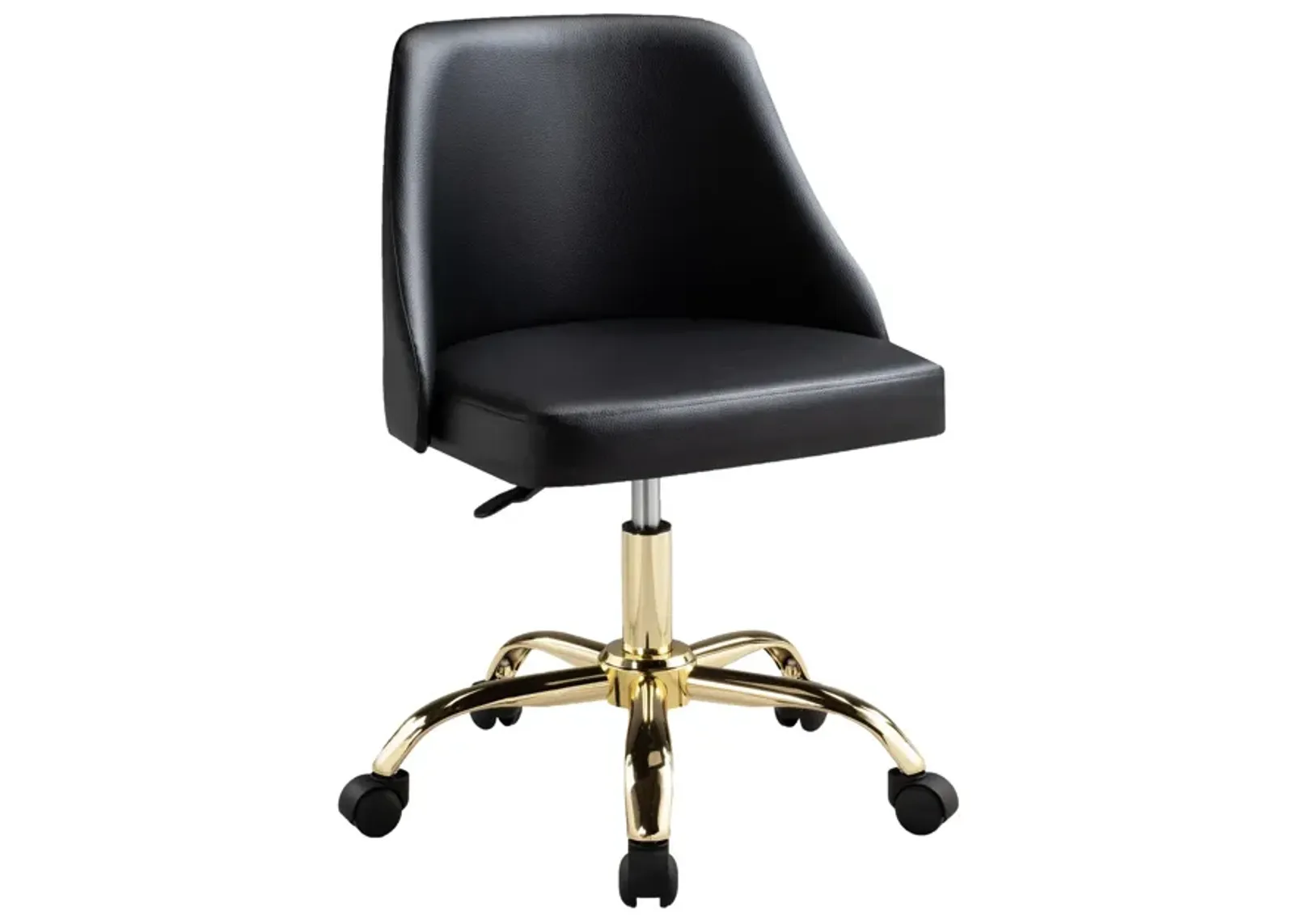 Yim 22 Inch Adjustable Swivel Office Chair, Black Faux Leather, Gold Metal - Benzara