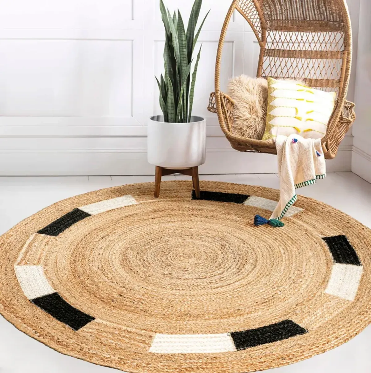 Porto Geometric Jute Circle Natural/Cream/Black Area Rug