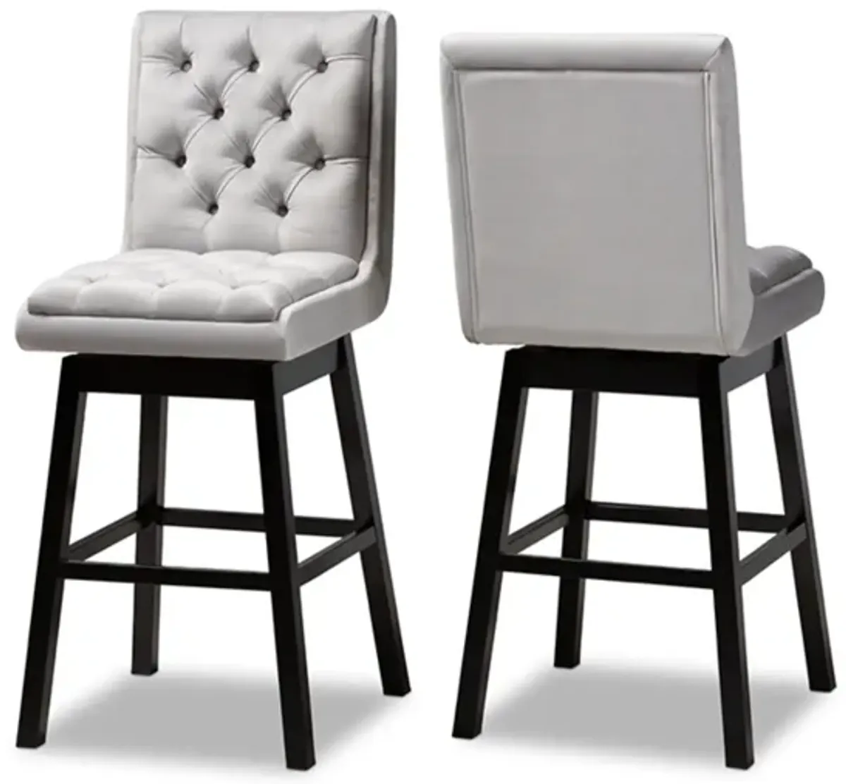 Baxton Studio Gregory Modern Transitional Light Grey Velvet Fabric Upholstered and Dark Brown Finished Wood 2-Piece Swivel Bar Stool Set Set