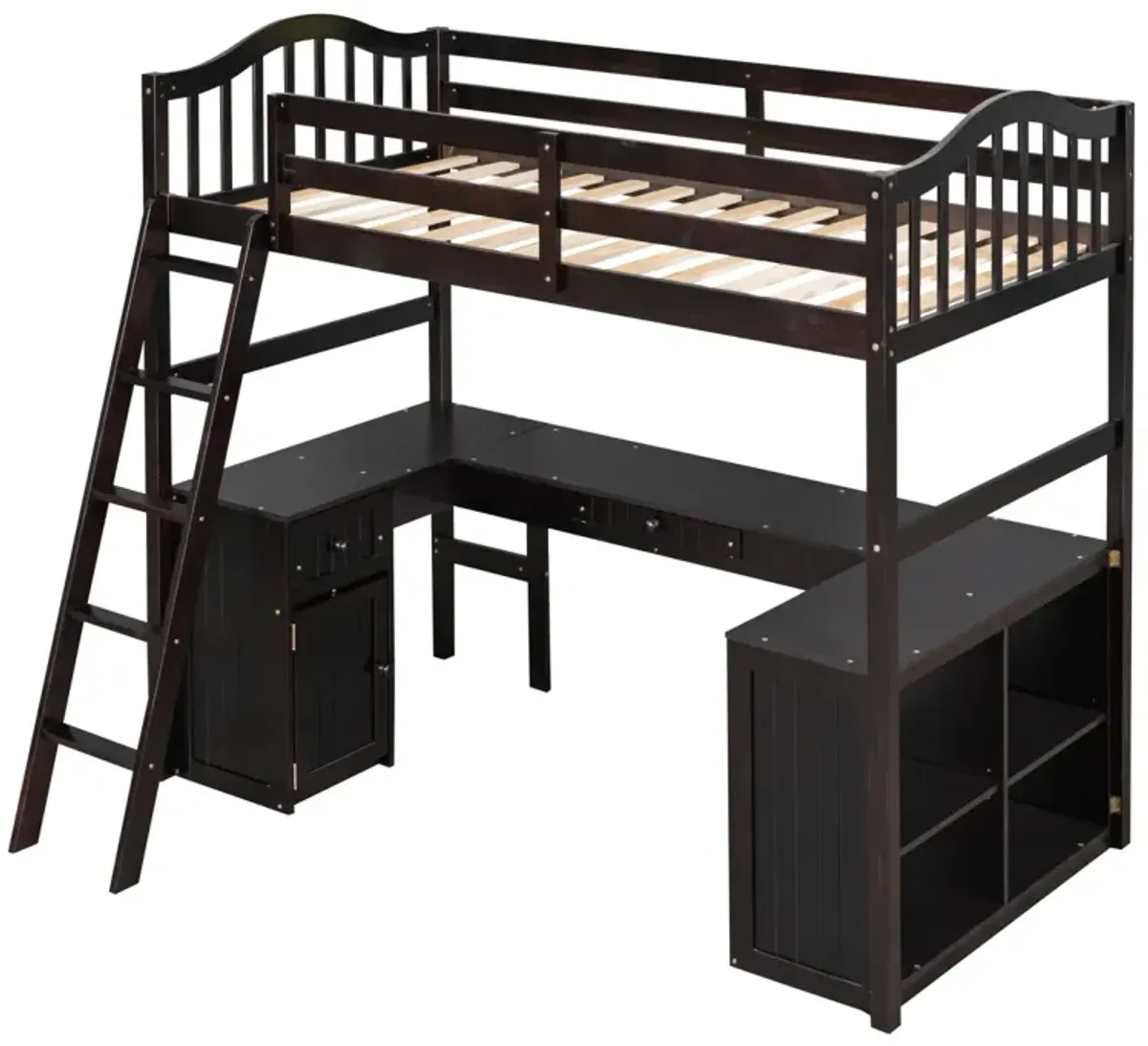 Twin Size Loft Bed With Drawers, Cabinet, Shelves And Desk, Wooden Loft Bed With Desk