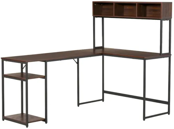 Walnut Brown Workstation: L-Shaped Desk with Tower Shelf and Cubes