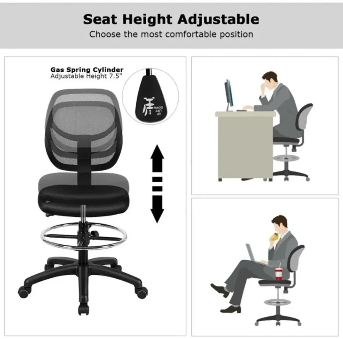 Hivvago Adjustable Height Mid Back Mesh Drafting Office Chair