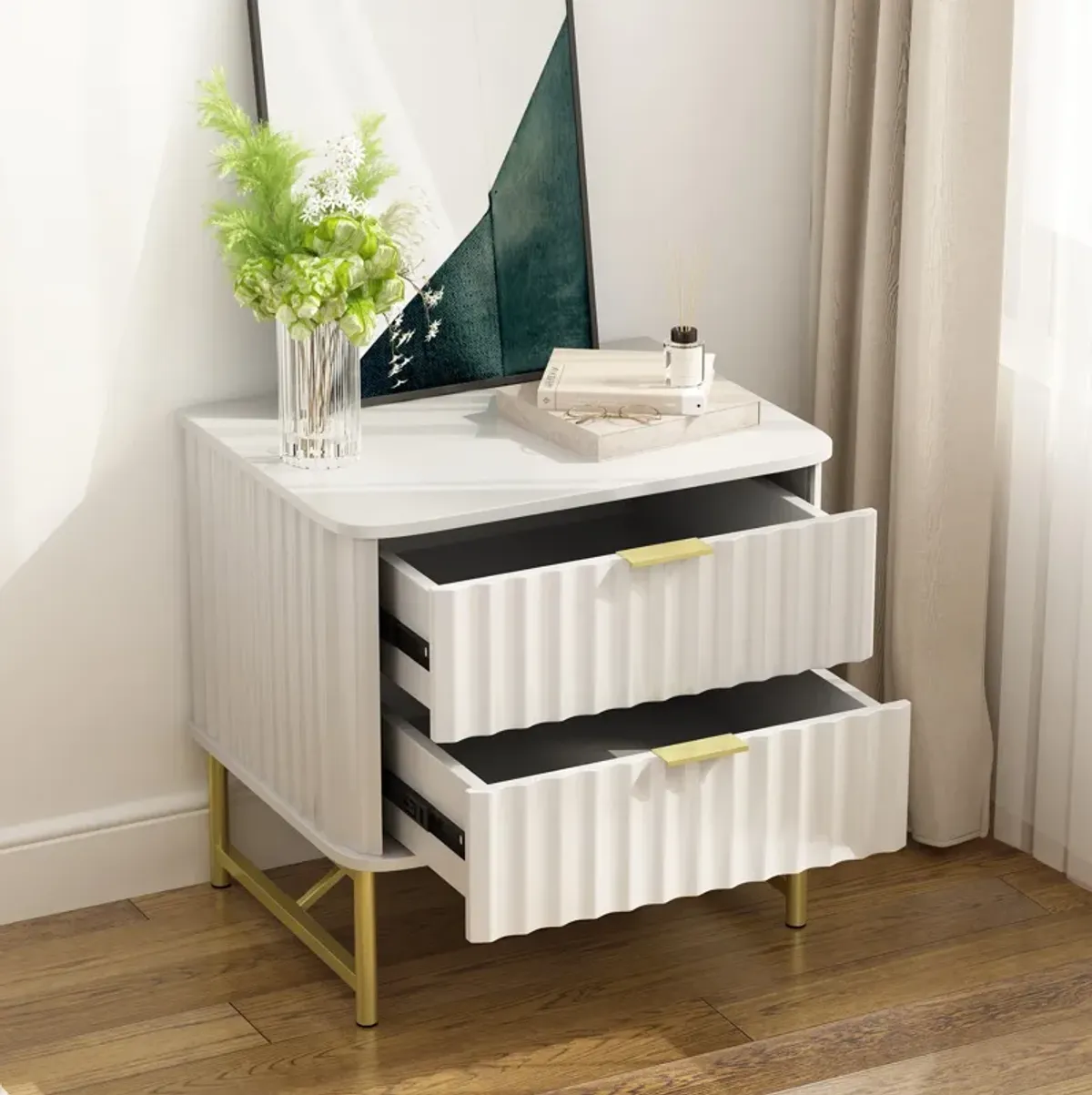 2-Drawer Nightstand with Metal Base