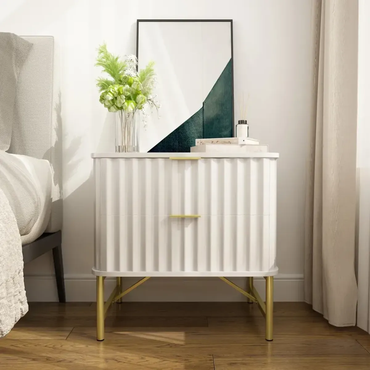 2-Drawer Nightstand with Metal Base