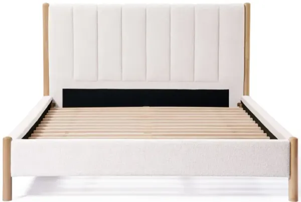 LuxenHome Vertical Rolls Upholstered Headboard with Rubberwood Legs Platform Bed, Queen