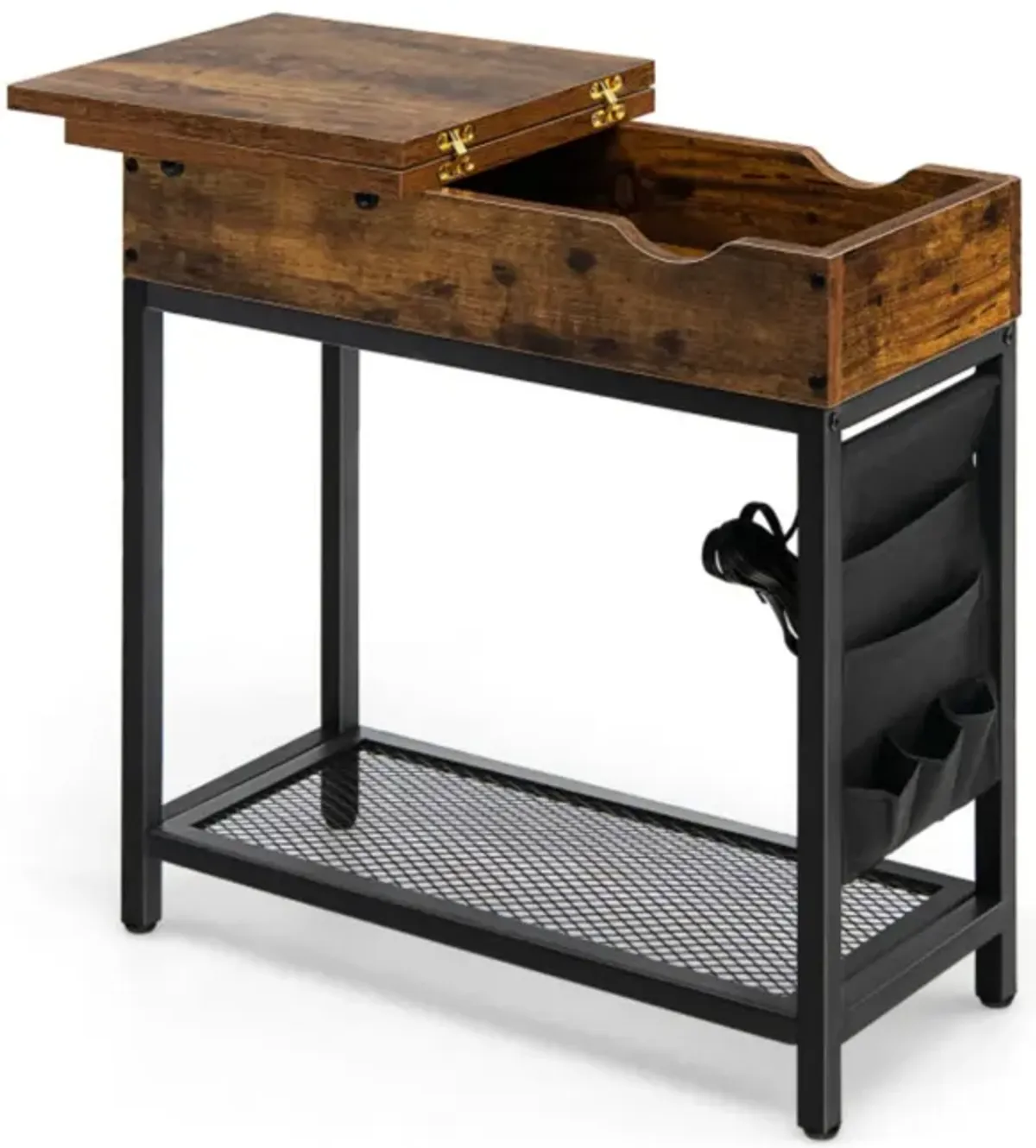 Hivvago Industrial End Table with Charging Station and Flip Top-Rustic Brown