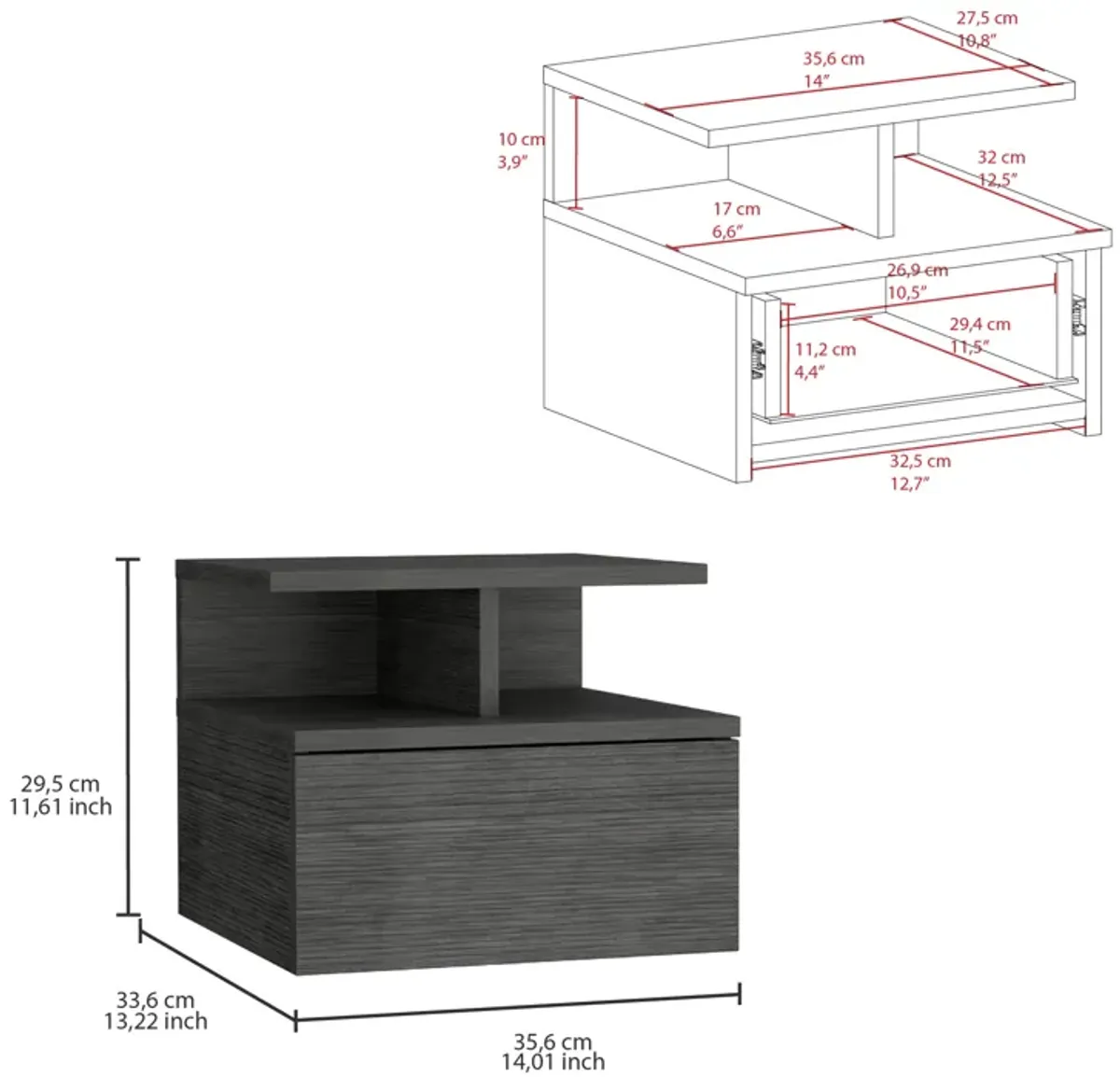 Adele Floating Nightstand with Drawer and Open Storage Shelves- Smokey Oak