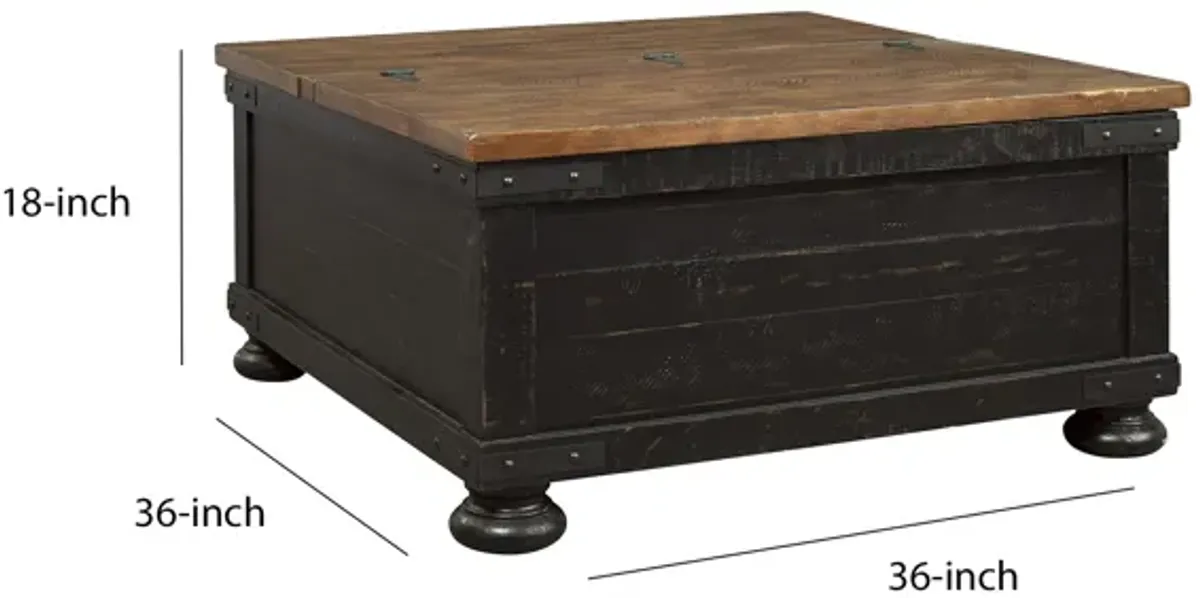 Square Wooden Lift Top Cocktail Table with Trunk Storage, Brown and Black