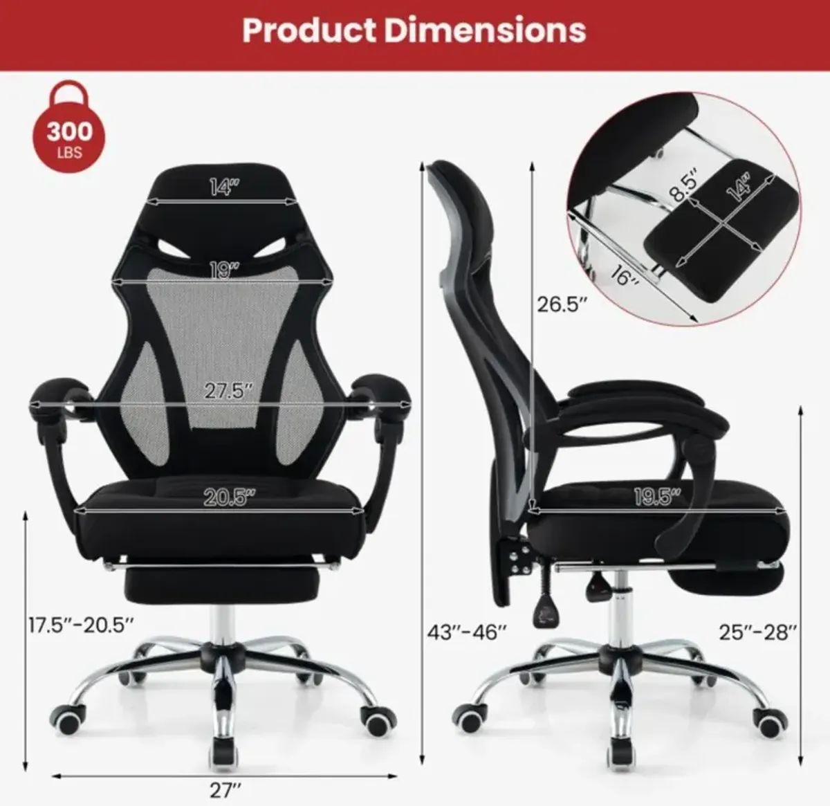 Hivvago Ergonomic Mesh Office Chair with Footrest and Tilting Backrest-Black