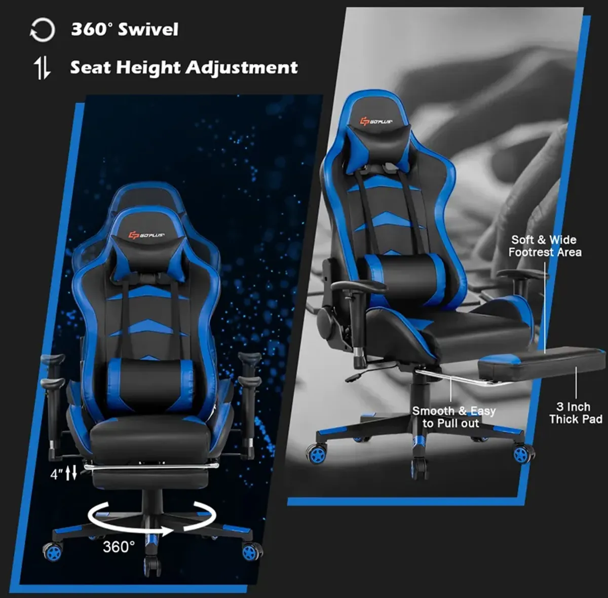 Goplus Massage Gaming Chair Swivel Racing Office Chair with Footrest Blue