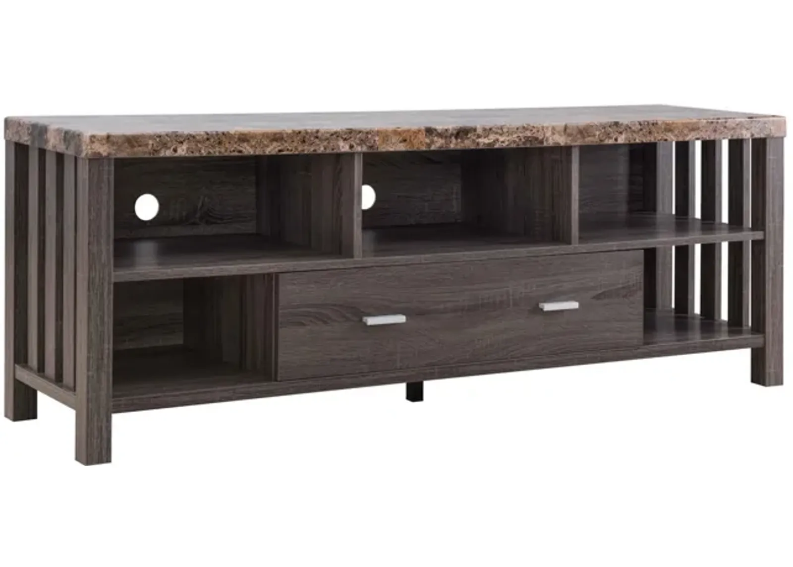 60 Inch Modern TV Entertainment Console, 5 Shelves, Faux Marble Top, Gray-Benzara