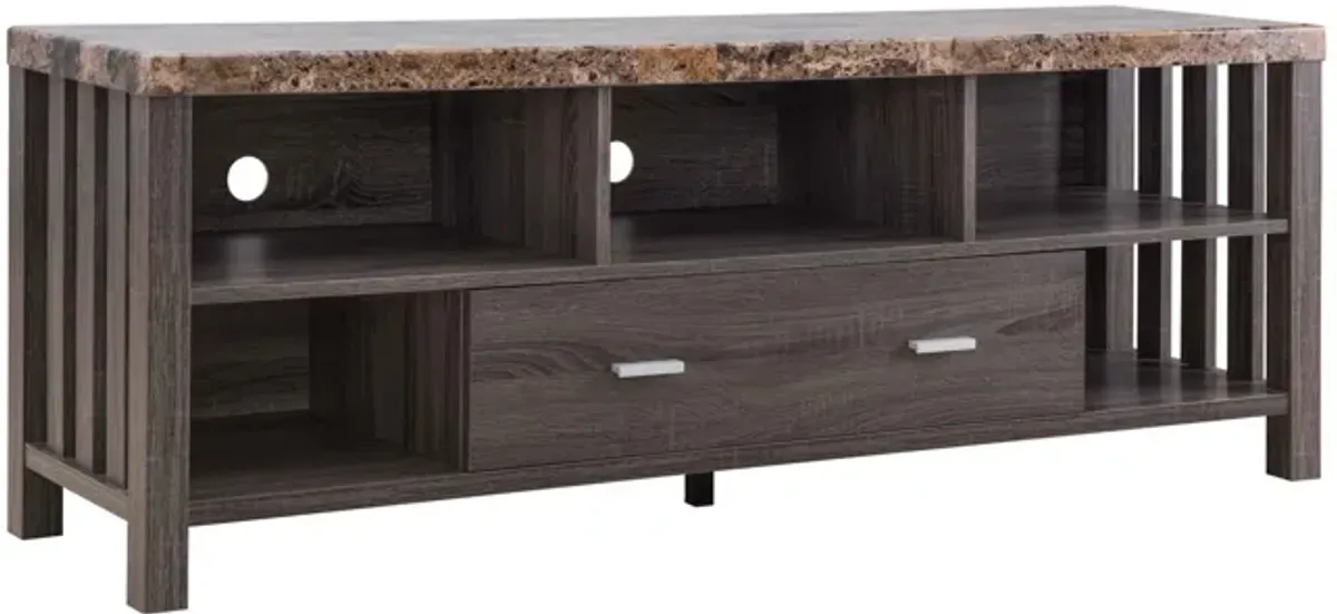 60 Inch Modern TV Entertainment Console, 5 Shelves, Faux Marble Top, Gray-Benzara