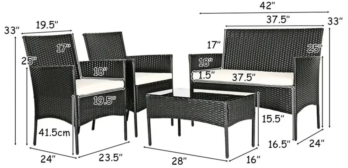 4 Pieces Patio Rattan Cushioned Conversation Sets with Tempered Glass Coffee Table