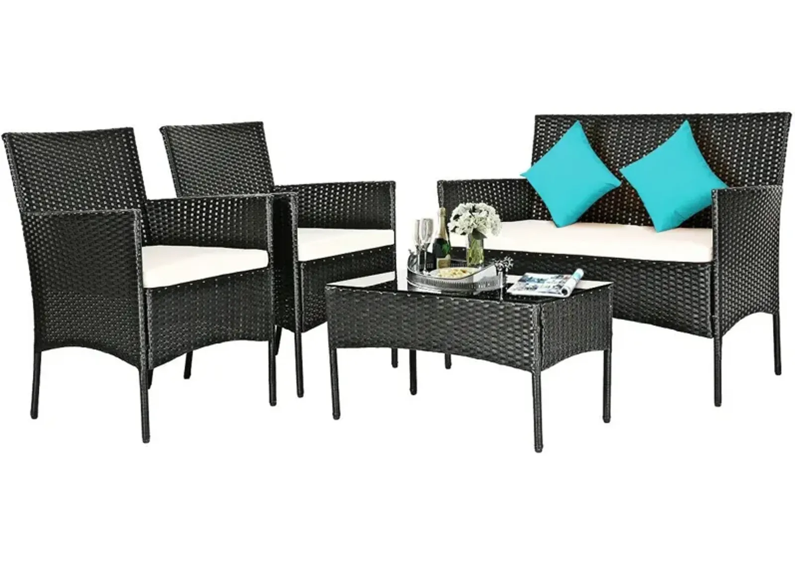 4 Pieces Patio Rattan Cushioned Conversation Sets with Tempered Glass Coffee Table