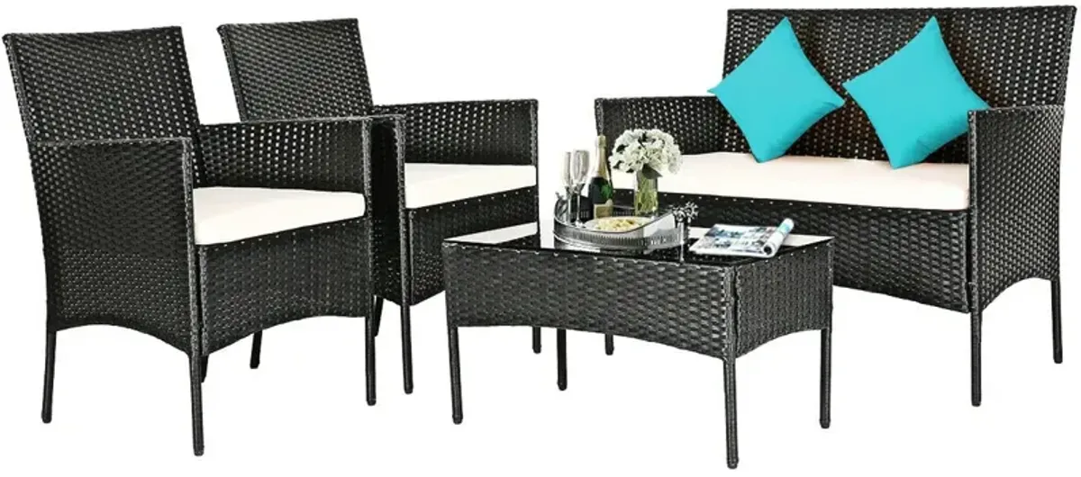 4 Pieces Patio Rattan Cushioned Conversation Sets with Tempered Glass Coffee Table