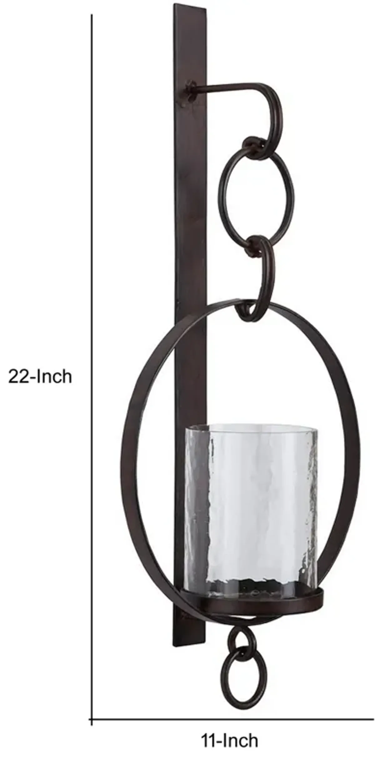 Metal Wall Sconce with Glass Hurricane and Chain Design Holder, Black-Benzara