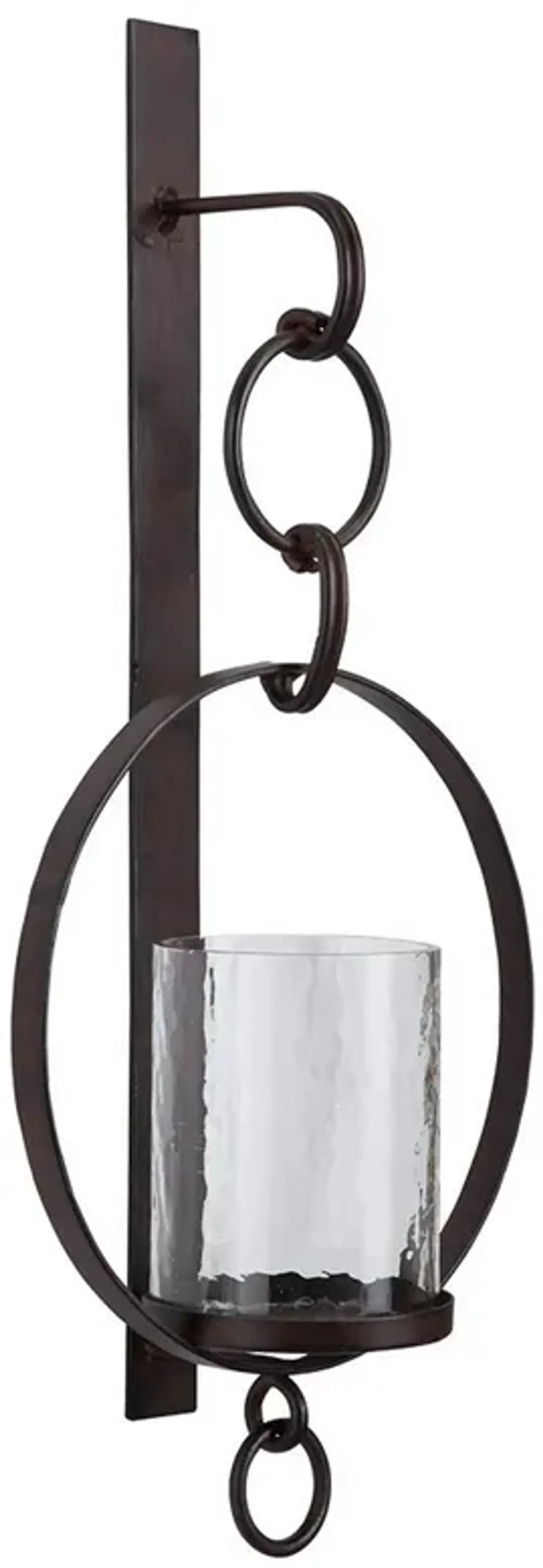 Metal Wall Sconce with Glass Hurricane and Chain Design Holder, Black-Benzara