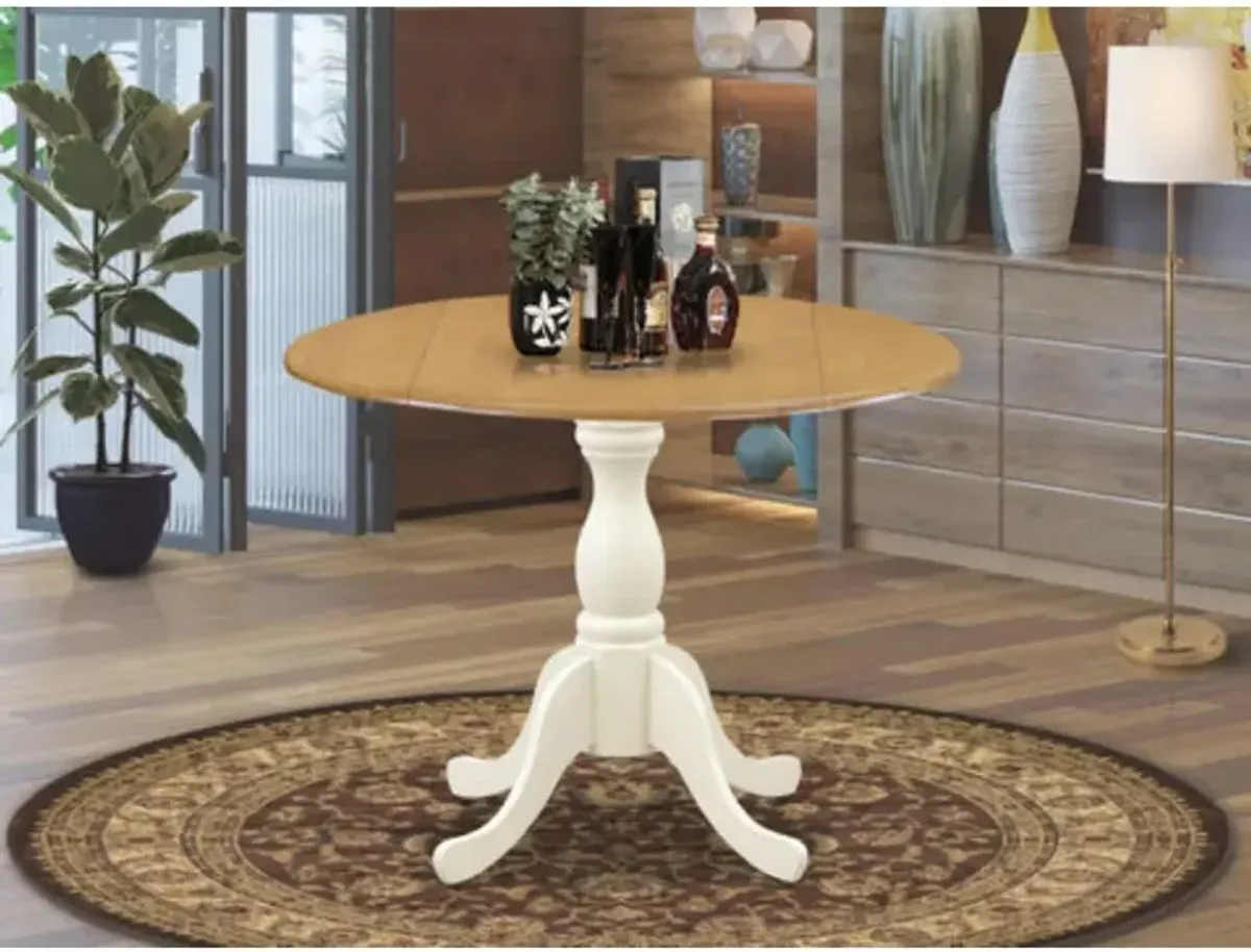 East West Furniture Wooden Dining Table with Drop Leaves - Oak Table Top and Linen White Pedestal Leg Finish