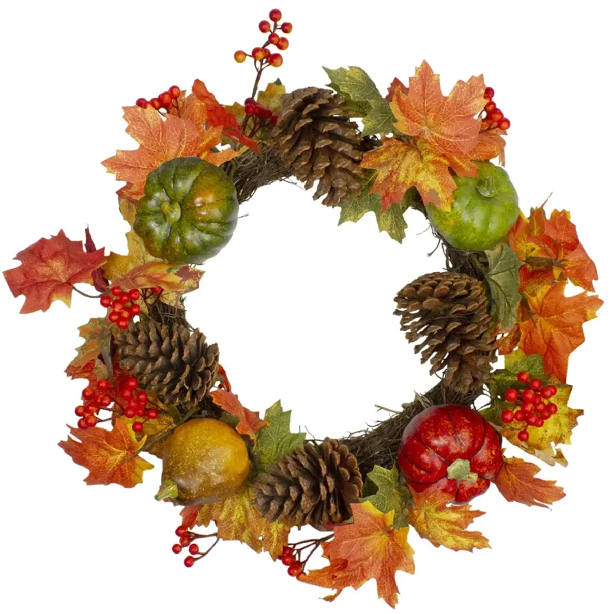 Leaves  Pine Cones and Pumpkins Artificial Fall Harvest Wreath - 20-Inch  Unlit