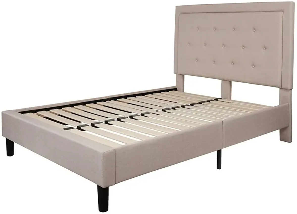 Full Beige Fabric Upholstered Platform Bed Frame with Tufted Headboard