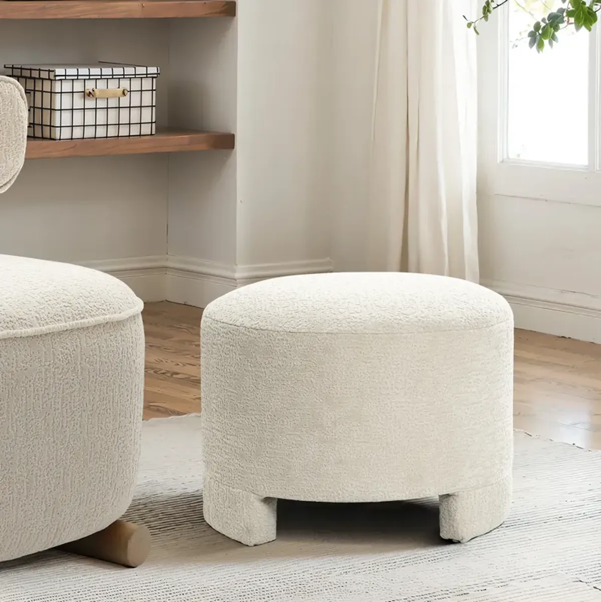 LuxenHome Upholstered Cream Modern Round Ottoman