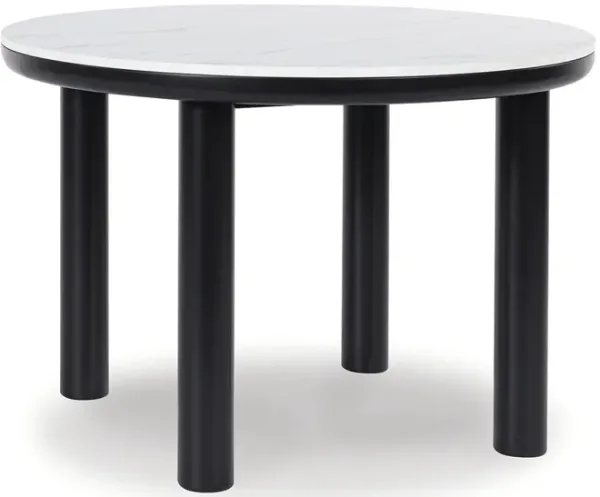 Dae Dining Table, Black Wood Legs, 45 Inch Round White Marble Top - Benzara