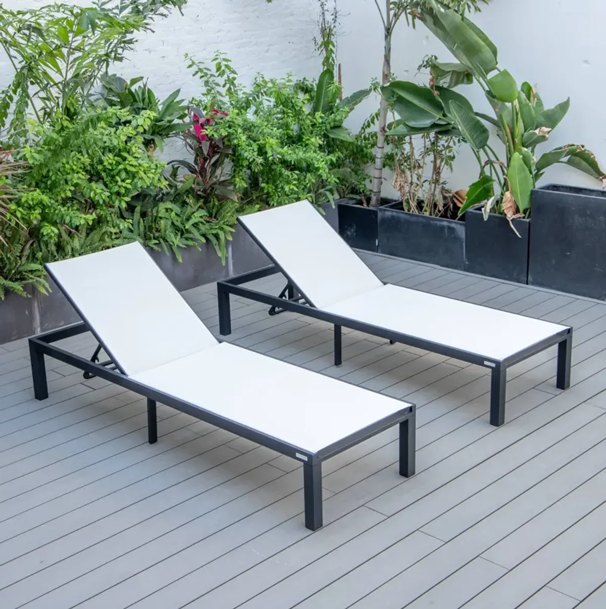 LeisureMod Marlin Patio Chaise Lounge Chair With Black Aluminum Frame, Set of 2