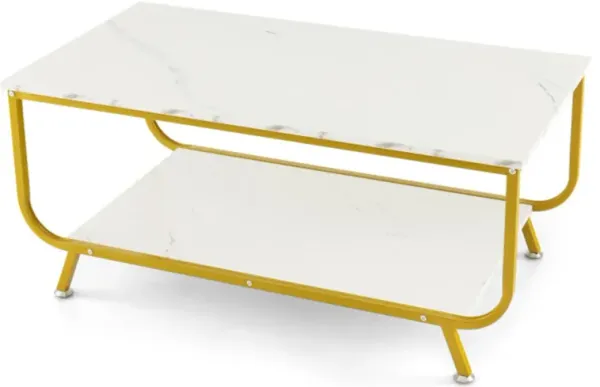 Hivvago 2-Tier Faux Marble Top Rectangular Coffee Table with Metal Frame-White