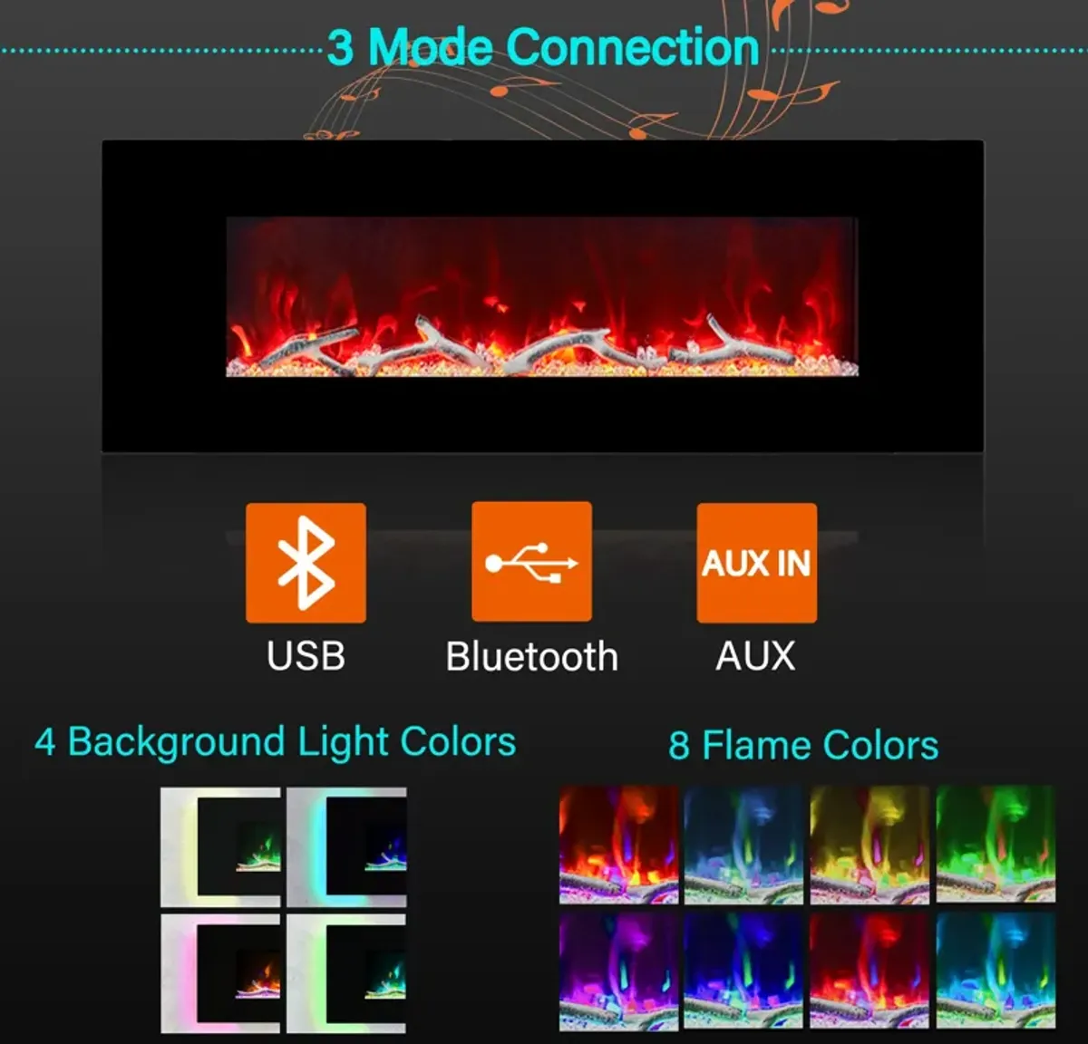 50 Inch 1500W Wall-Mount Fireplace with Multicolor Flame