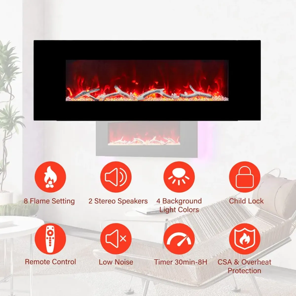 50 Inch 1500W Wall-Mount Fireplace with Multicolor Flame