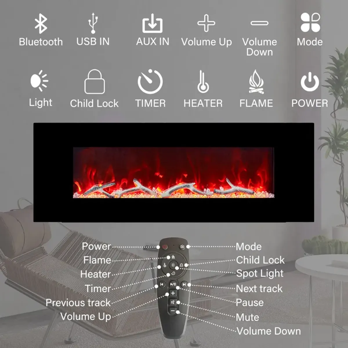 50 Inch 1500W Wall-Mount Fireplace with Multicolor Flame