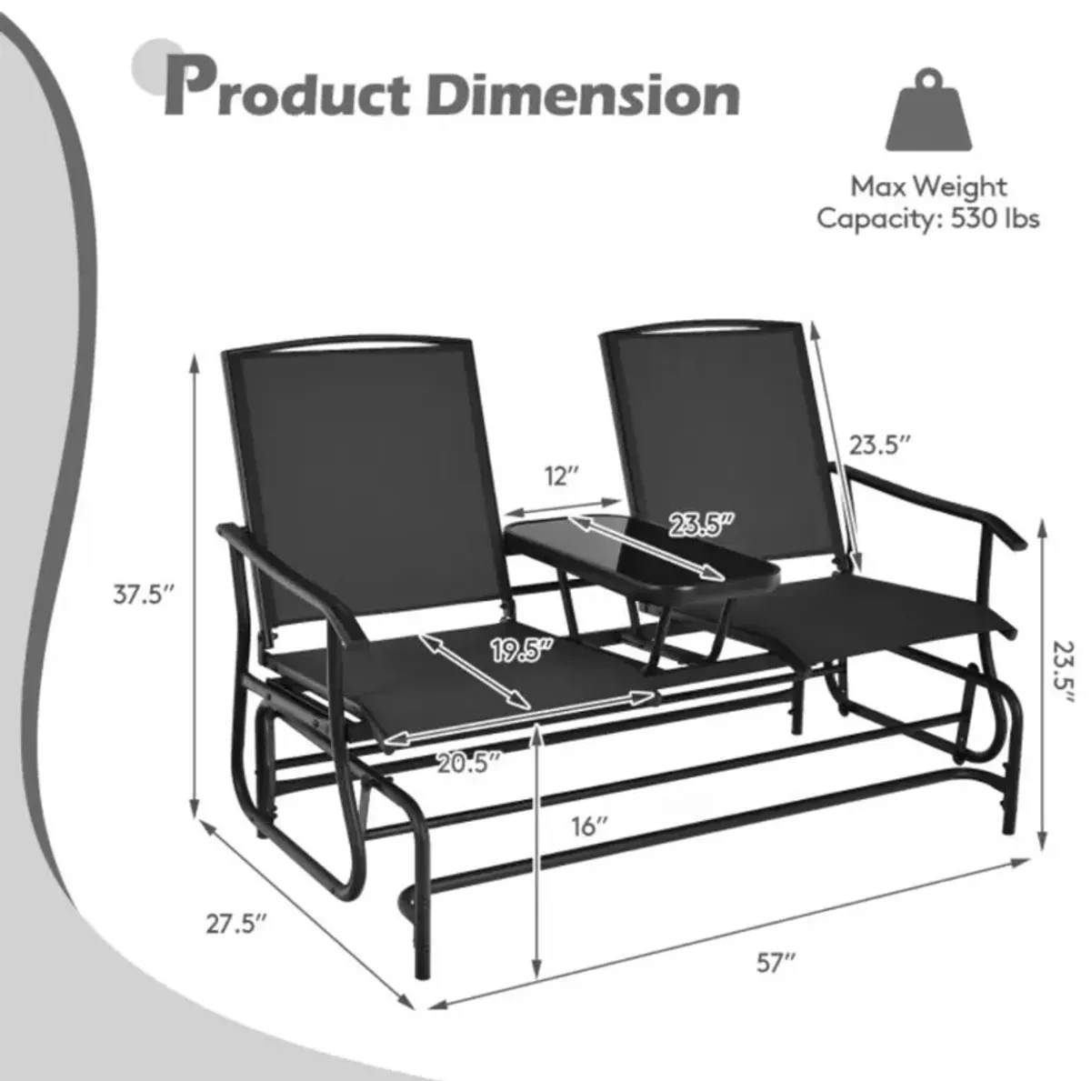 Hivvago 2-Person Double Rocking Loveseat with Mesh Fabric and Center Tempered Glass Table