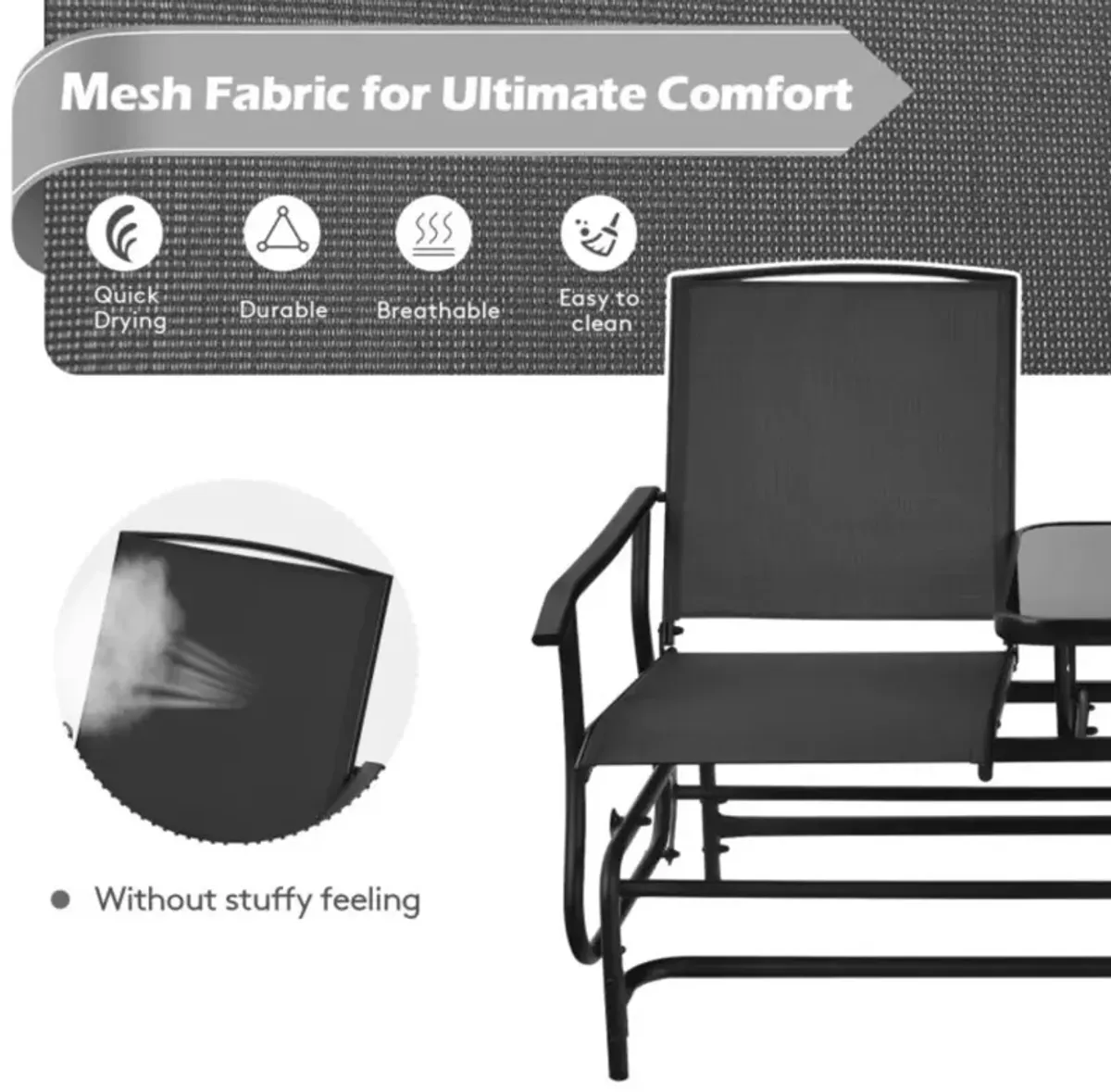 Hivvago 2-Person Double Rocking Loveseat with Mesh Fabric and Center Tempered Glass Table