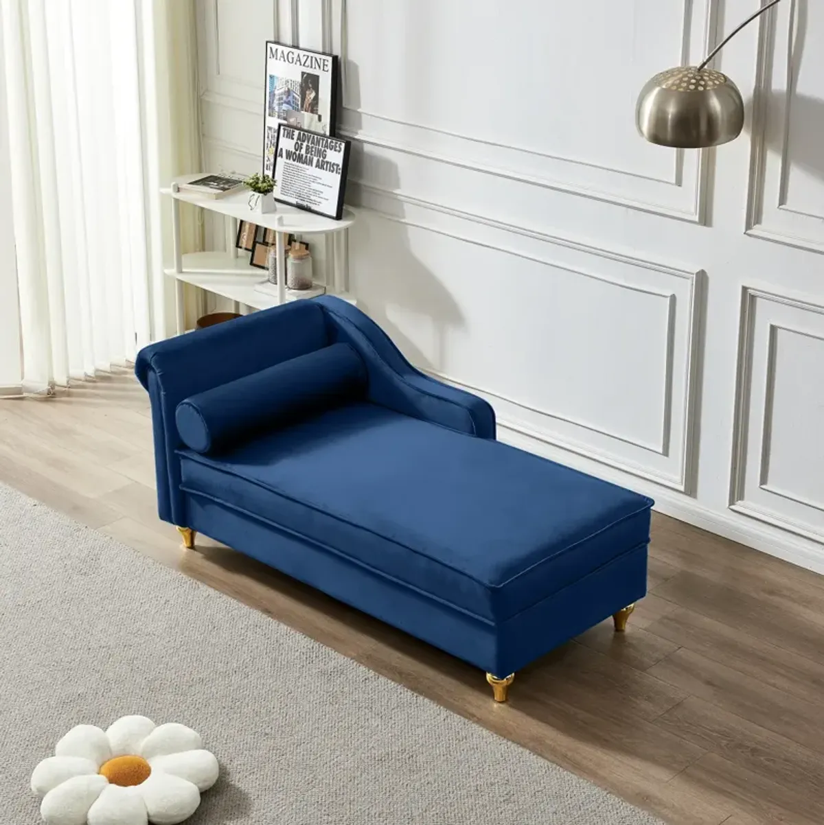 Modern Upholstery Chaise Lounge Chair With Storage Velvet (Navy Blue)